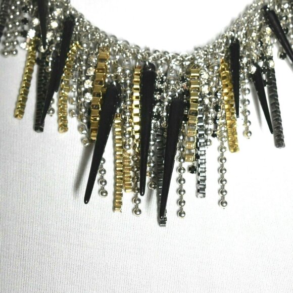 Adia Kibur Statement Necklace Bib Fringe Spikes Chain Rhinestones Silver Black - Picture 2 of 8
